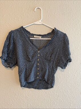 Navy Button-Front Crop Blouse